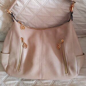 LA DIVA Women's Italian Design Beige Hand Bag Hobo Satchel Purse Zippers